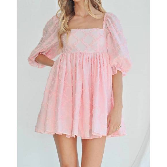 NEW MABLE ribbon textured puff sleeve babydoll mini dress in baby pink - Picture 1 of 4
